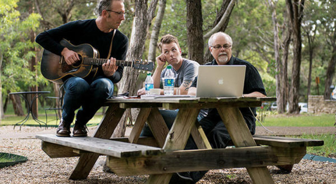 Darden Smith (l.) works with Dustin Crites (c.) and Gary Nicholson in a SongwritingWith:Soldiers retreat in Belton, Texas