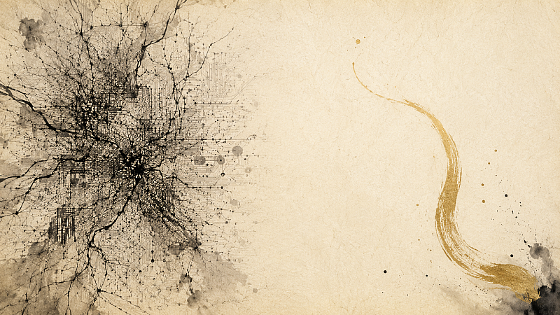 The Two Superpowers — thinking and awareness rendered in sumi-e ink wash