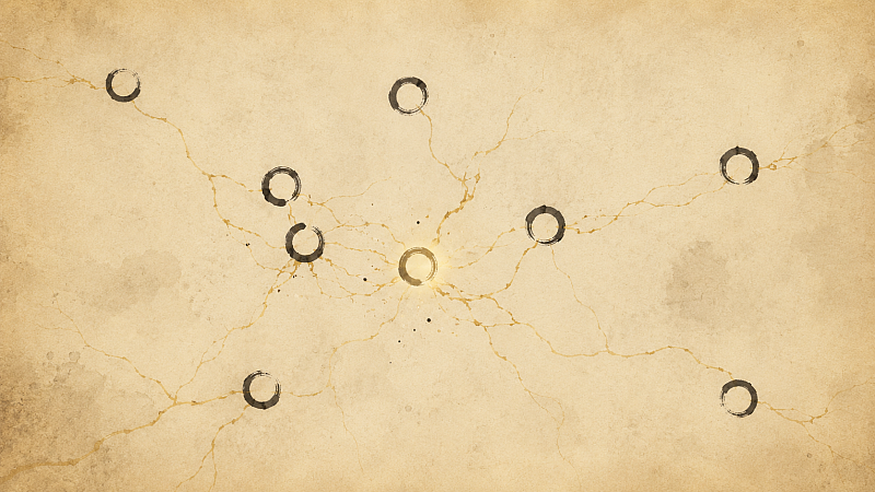 The Living Network — ensō circles connected by golden threads of emergence