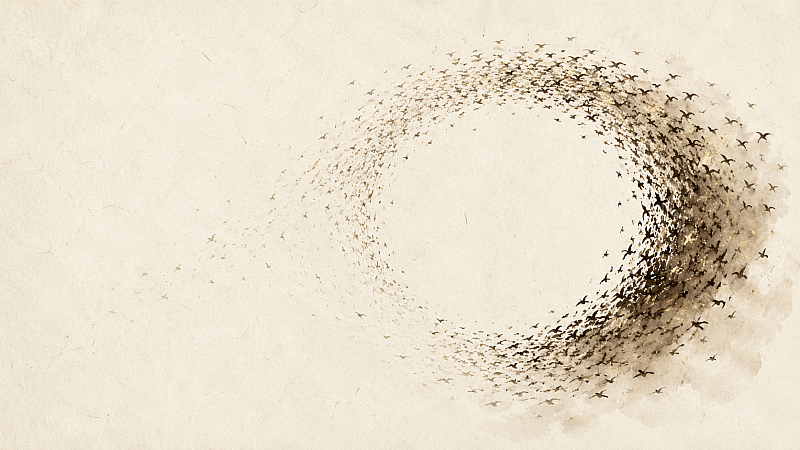 A murmuration sweeping into an open ensō — sumi-e ink in warm sepia and gold on cream paper