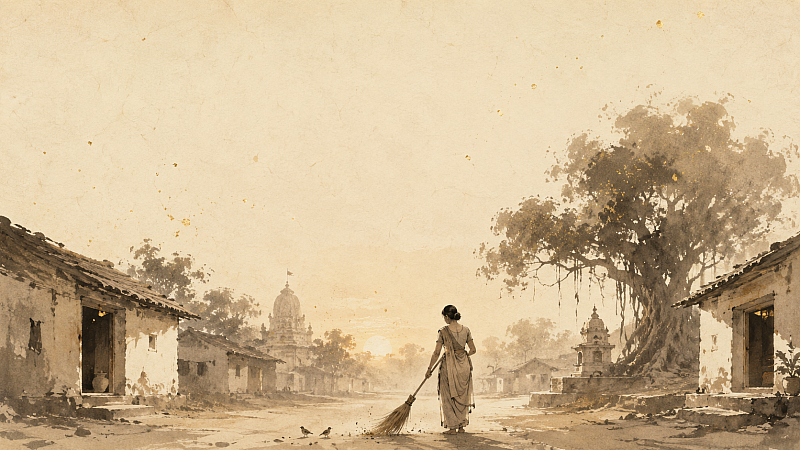 A lone figure sweeping a village road at dawn — sumi-e ink on cream paper