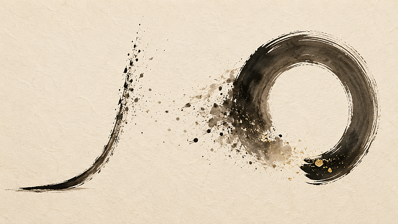 A rising line dissolving into an open ensō — the hockey stick becoming the circle