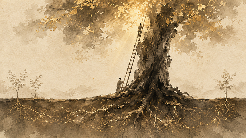 A ladder leaning against a great tree, steadied from below — held below, holding above